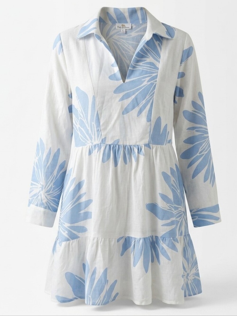 Turks Caicos Linen Blend Blue White Floral VNeck Tiered Dress Sz.L Vacation Boho